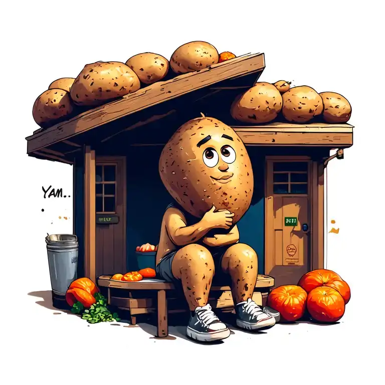 Yam City with potato cartoon character sitting tattoo design idea