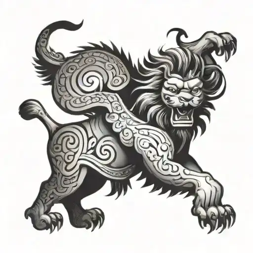 Chinese dancing lion with claws reaching forwards tattoo design idea