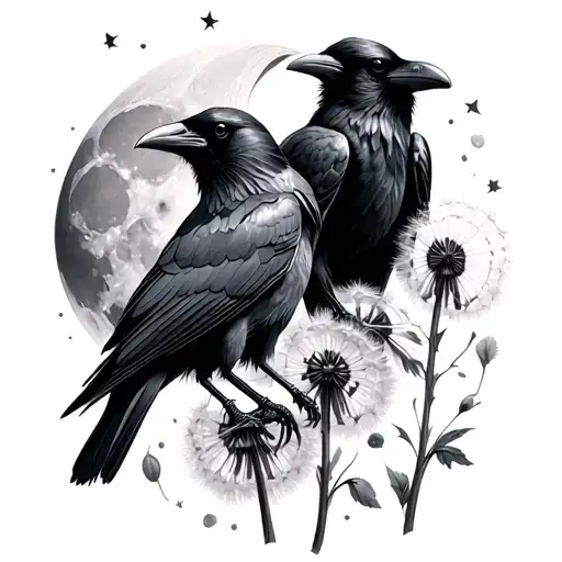 2 ravens, dandelion and seed pods, moon tattoo design idea