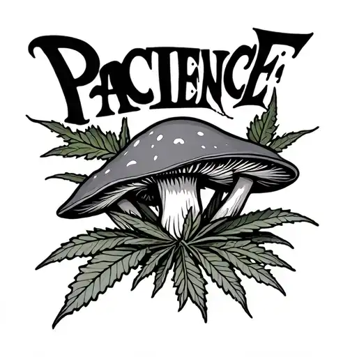 the name PACIENCE with mushrooms and a weed leaf tattoo design idea