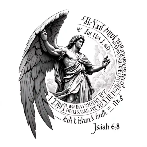 Saint Michael drawing outline and small shading mostly. with Isaiah 6:8 quote wrapped into/ around it tattoo design idea