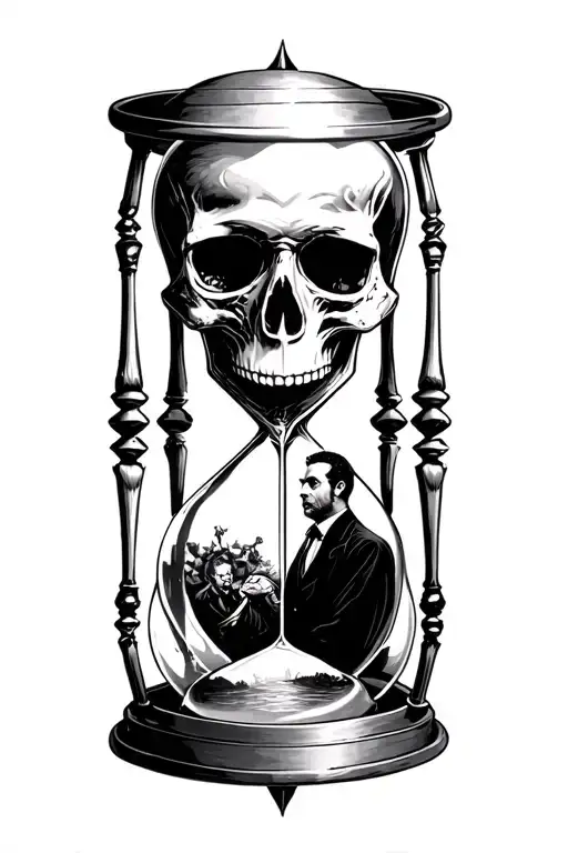 skull, hourglass with a man inside it.  tattoo design idea