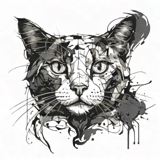 black and white furry cat from the front, only the head. dark style tattoo design idea