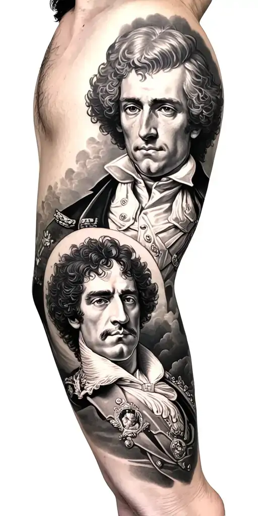 Left arm sleeve with Alfred the great and horatio nelson and the Duke of wellington tattoo design idea