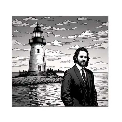 A manager standing proudly next to a beautiful lighthouse on the shores of Lake Erie tattoo design idea