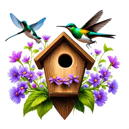 a small handcrafted birdhouse with a humming bird flying and a dragonfly landing on purple flowers  tattoo design idea