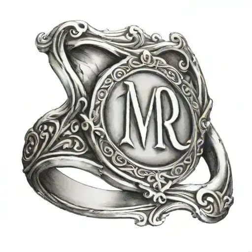 ring with the initials MR in the middle. on the ring finger. for men tattoo design idea