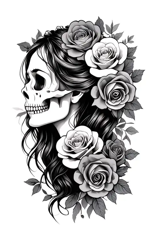 skulls gypsy girl side profile roses blooming tattoo design idea
