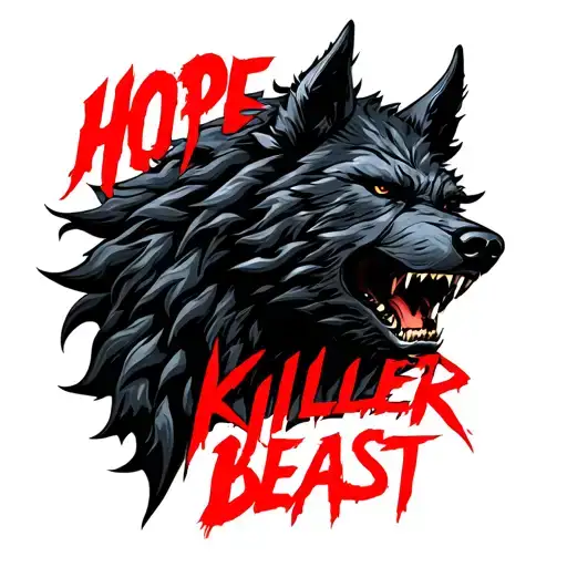 one centered black werewolf head with "HOPE KILLER" written above in red and the word "BEAST" written below tattoo design idea