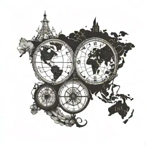 A vintage map of the world with a compass rose, a wine glass, and a steering wheel intertwined, symbolizing travel, drinking, and driving passions tattoo design idea