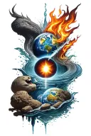 A unique design combining the four elements (earth, water, fire, air) into an early 2000s urban world tattoo design idea