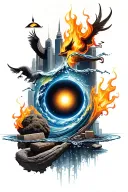 A unique design combining the four elements (earth, water, fire, air) into an early 2000s urban world tattoo design idea