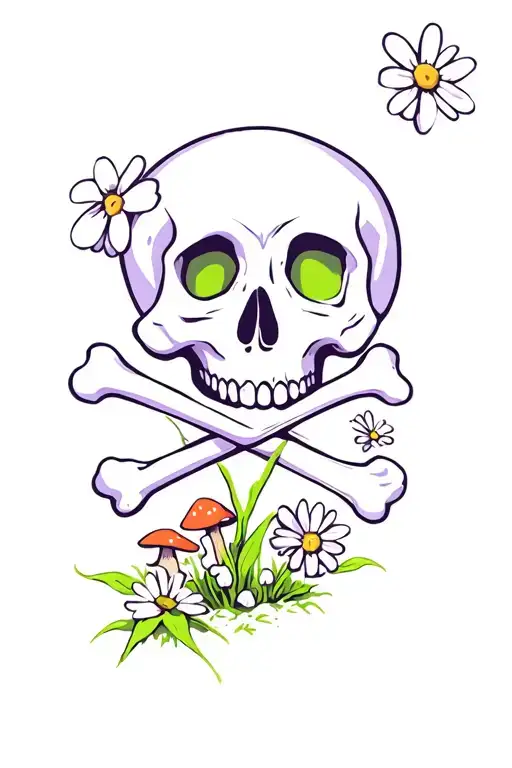 happy skull and crossbones with daisy's and mushrooms incorporated should be dark purple and lime green throughout  tattoo design idea