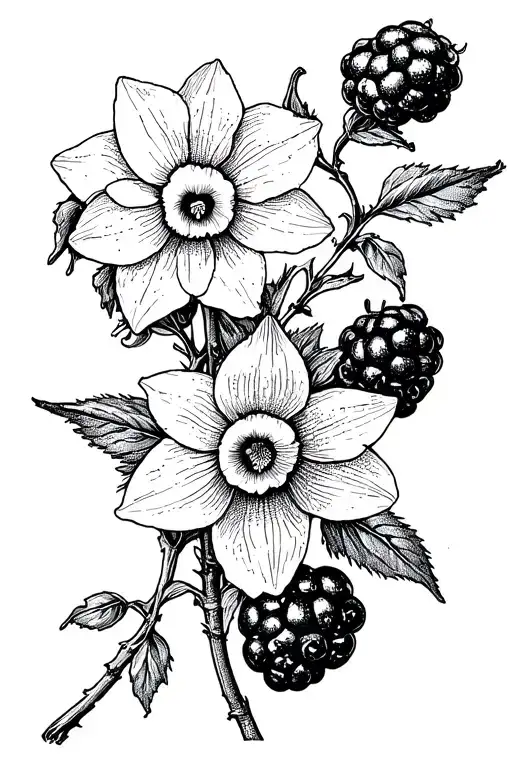 daffodils and blackberries with vines wrapped tattoo design idea