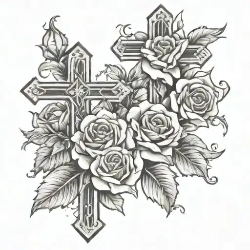 christian crosses roses blooming tattoo design idea