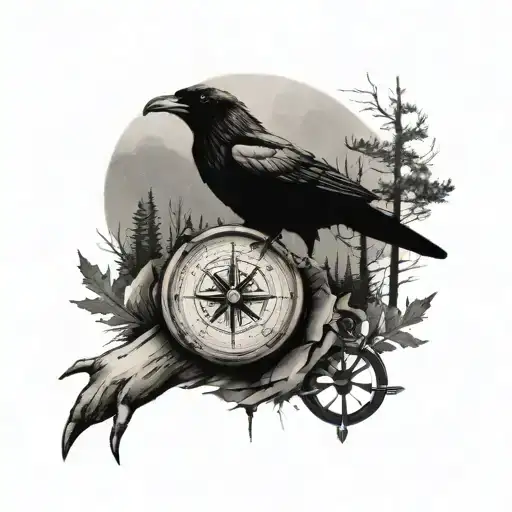 fore arm - howling on a rock in the night surrounded by forest. ravens flying in sky. bicep- compass & broken shakle. tattoo design idea