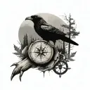 fore arm - howling on a rock in the night surrounded by forest. ravens flying in sky. bicep- compass & broken shakle. tattoo design idea