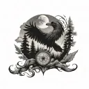 fore arm - howling on a rock in the night surrounded by forest. ravens flying in sky. bicep- compass & broken shakle. tattoo design idea