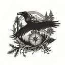 fore arm - howling on a rock in the night surrounded by forest. ravens flying in sky. bicep- compass & broken shakle. tattoo design idea