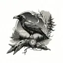 fore arm - howling on a rock in the night surrounded by forest. ravens flying in sky. bicep- compass & broken shakle. tattoo design idea