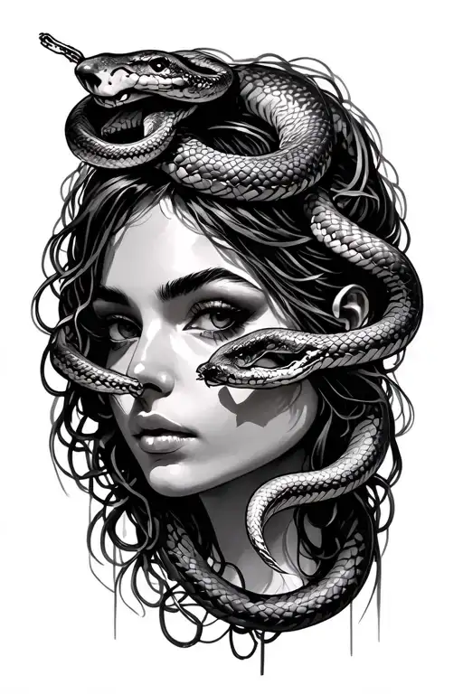 woman's face and snakes with chains tattoo design idea