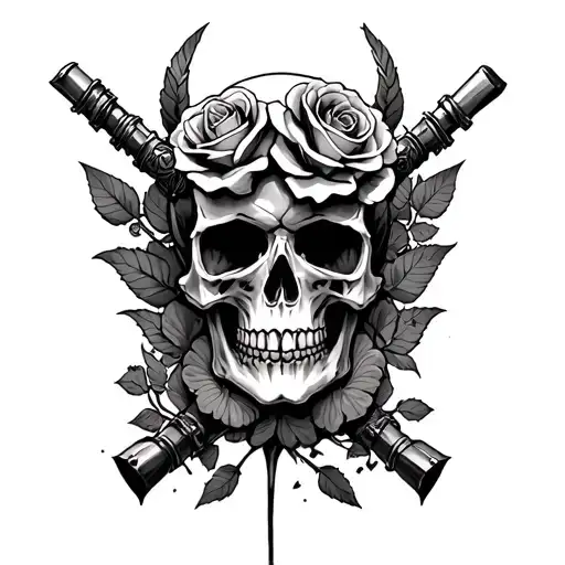 skull with mines and roses war in valhalla tattoo design idea