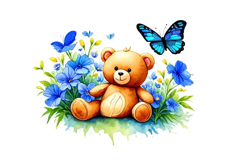 A small cartoon peanut shell sitting next to a teddy bear surrounded by sweet pea flowers and blue butterflies  tattoo design idea