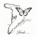 Florida map with one broken wing butterfly resting  tattoo design idea