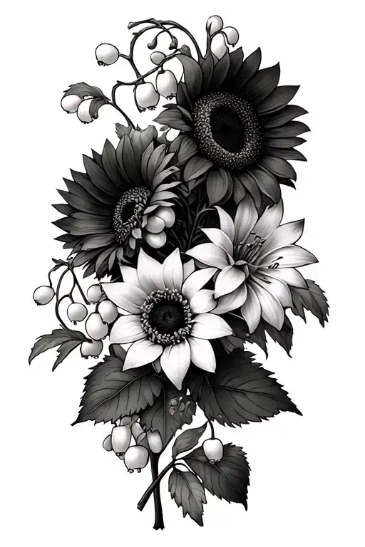 hawthorn and sunflowers wrapped around lily of the valley blooming tattoo design idea