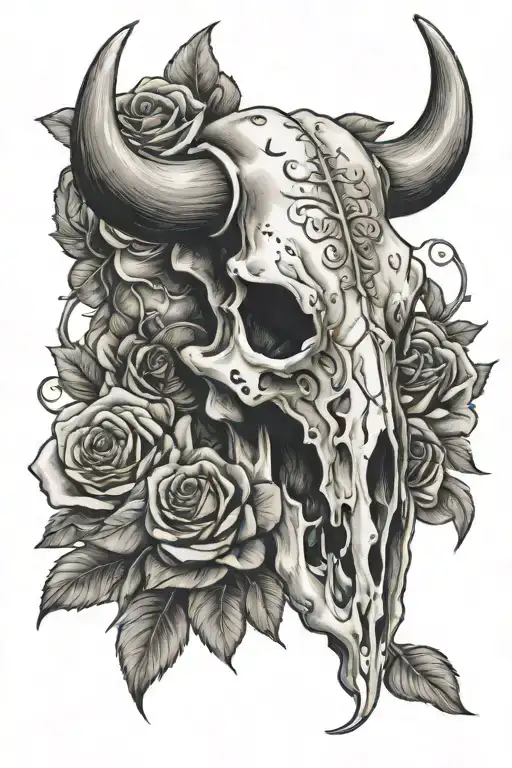 feminine western bull skull with roses tattoo design idea