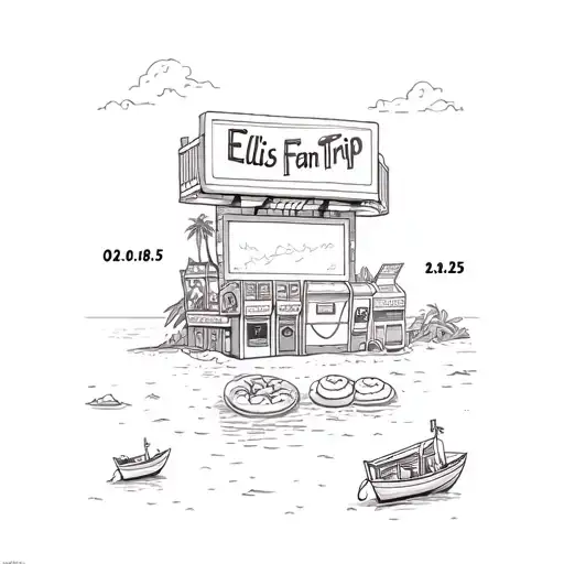 "Ellis Fam Trip 02.08.25 X " Beach scene with cinema screen and dingy boats, arcades and donuts tattoo design idea