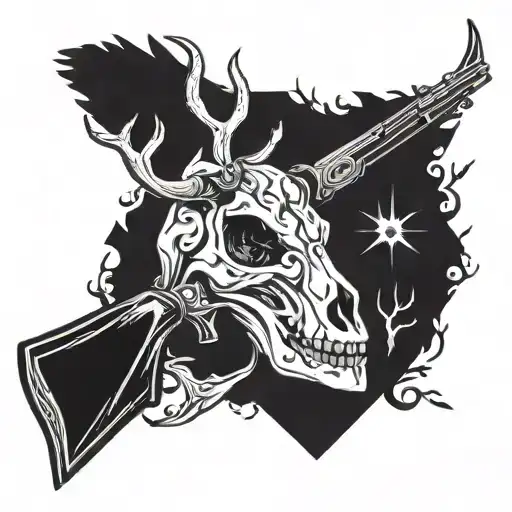 A stylized deer skull intertwined with a hunting rifle tattoo design idea