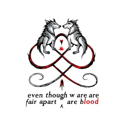 three brothers symbol of infinity with the animal united by blood with the phrase even though we are far apart we are  tattoo design idea