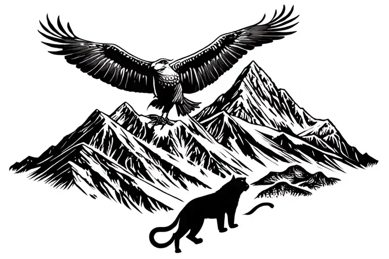 mountain range with coca leaves and a condor perched on a peak and a mountain lion climbing and a snake tattoo design idea
