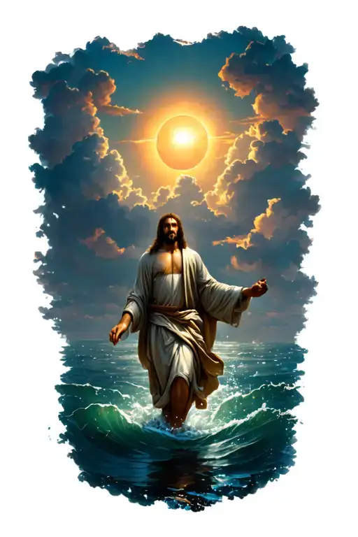 Jesus Walking On Water towards sun and clouds tattoo design idea
