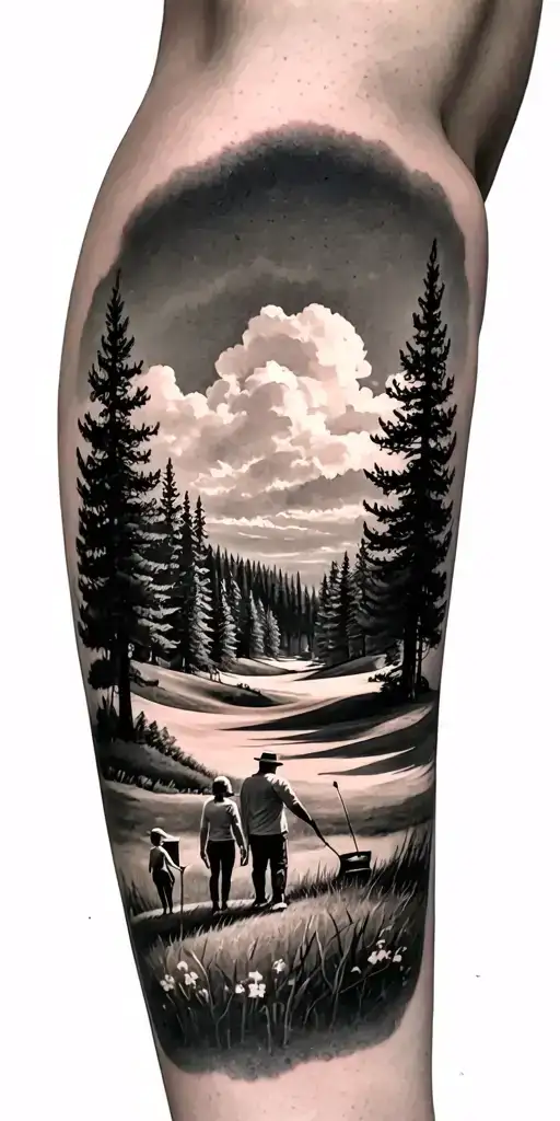 pine forest and family on golf course and ansel adams and time tattoo design idea