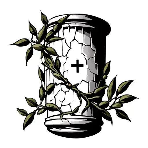 •	Roman column cracked but still standing, wrapped in olive branches (peace & endurance).	•	A small cross on Column  tattoo design idea