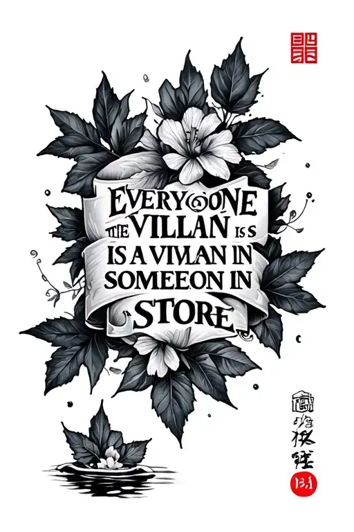 Japanese style half sleeve tattoo with waterand leafs incorporate the words everyone is a villain in someone's storie tattoo design idea