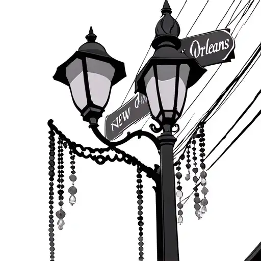 New Orleans street light and street names with New Orleans saints symbol on top of lamp with Mardi Gras beads hanging fr tattoo design idea