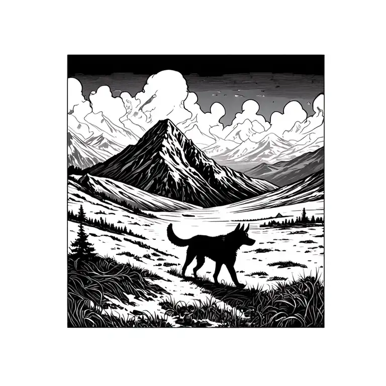 raid, mountain, dog a man walking towards tattoo design idea