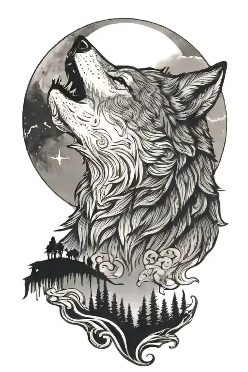 wolf howling at the moon tattoo design idea