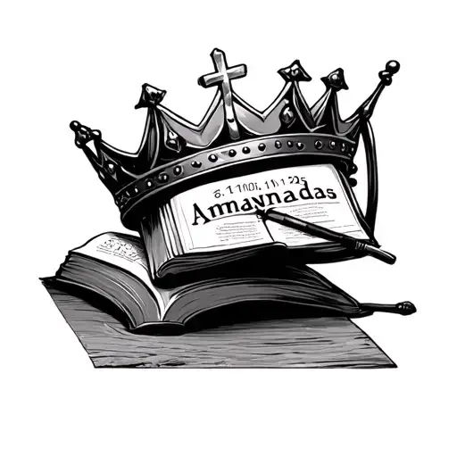 Christian crown with bible the name Amanda and the date 10-11-25 in roman numbers tattoo design idea