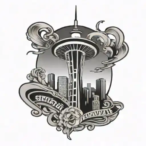 seattle space needle wearing top hat with gnr logo tattoo design idea