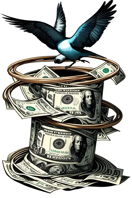 a roll of 100 dollar bills hula hooping which dizzy birds above its head tattoo design idea