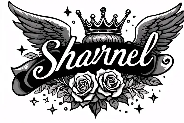 sharntell the word with wings roses and a crown with stars around them tattoo design idea