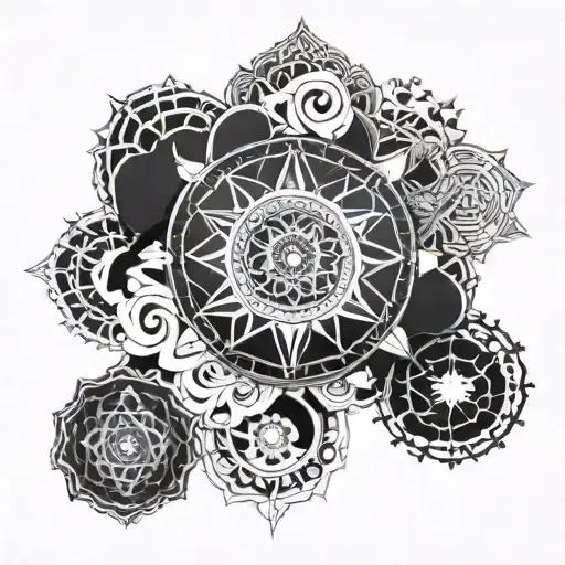 A mandala design incorporating all 7 chakras of the body, with each chakra represented by a unique symbol or color, surrounded by intricate patterns symbolizing the circle of life and the inevitability of death tattoo design idea