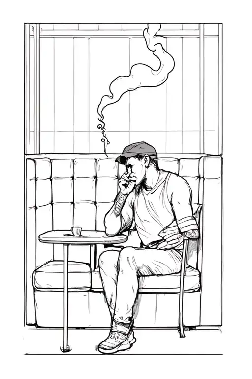 A shadowy sitting in a booth, smoke curling up from a cig, symbolizing the journey and lessons learned. tattoo design idea