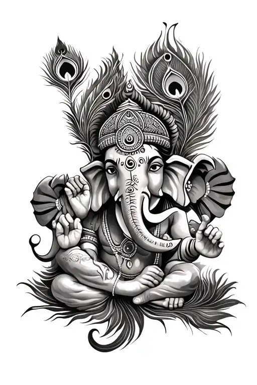 hindu tattoo with an om, ganesh, peacock feather  and trishul tattoo design idea