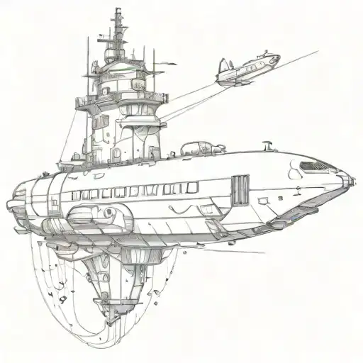 Underwater cityscape with a majestic submarine exploring the depths tattoo design idea