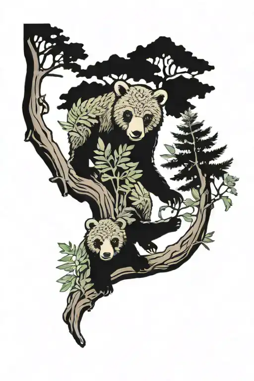 mountain fern , bear cubs in a tree intertwined tattoo design idea